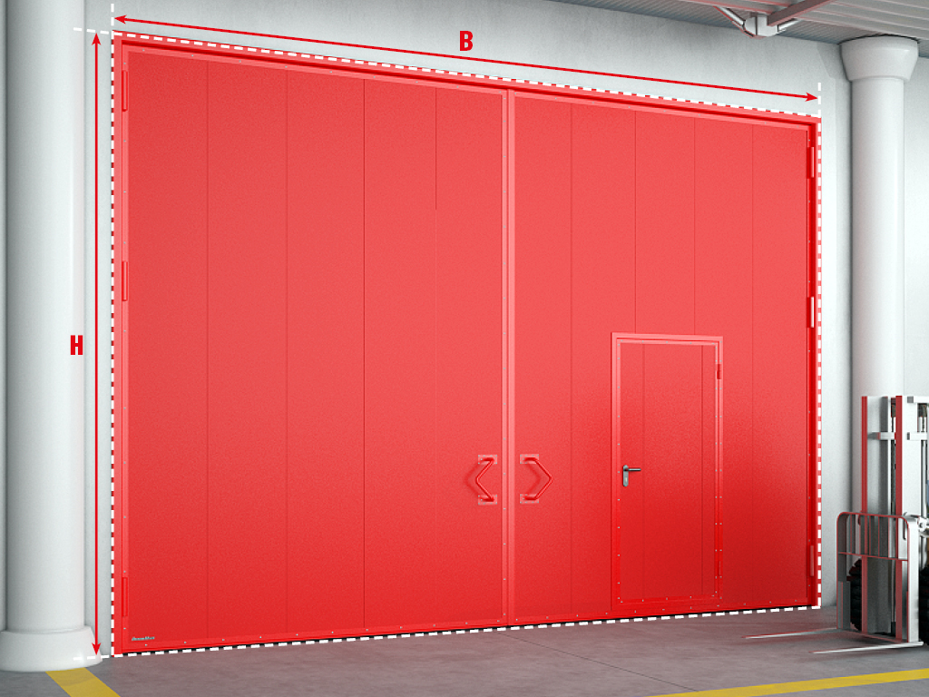 Противопожарные распашные ворота с калиткой. <br> Могут быть выполнены симметричными (с одинаковой шириной створок) и несимметричными (с разной шириной створок), с открыванием внутрь или наружу помещения. Так как они имеют две створки, для термоизоляции и предотвращения проникновения дыма в местах их стыка применяется специальная система уплотнителей по периметру створок ворот. Размер калитки в свету 900 × 2050 мм.